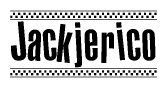 The image is a black and white clipart of the text Jackjerico in a bold, italicized font. The text is bordered by a dotted line on the top and bottom, and there are checkered flags positioned at both ends of the text, usually associated with racing or finishing lines.