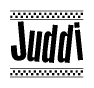 The clipart image displays the text Juddi in a bold, stylized font. It is enclosed in a rectangular border with a checkerboard pattern running below and above the text, similar to a finish line in racing. 