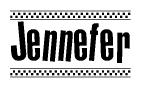 The clipart image displays the text Jennefer in a bold, stylized font. It is enclosed in a rectangular border with a checkerboard pattern running below and above the text, similar to a finish line in racing. 
