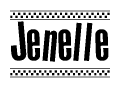 The image is a black and white clipart of the text Jenelle in a bold, italicized font. The text is bordered by a dotted line on the top and bottom, and there are checkered flags positioned at both ends of the text, usually associated with racing or finishing lines.