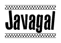 The image is a black and white clipart of the text Javagal in a bold, italicized font. The text is bordered by a dotted line on the top and bottom, and there are checkered flags positioned at both ends of the text, usually associated with racing or finishing lines.