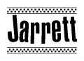 The image is a black and white clipart of the text Jarrett in a bold, italicized font. The text is bordered by a dotted line on the top and bottom, and there are checkered flags positioned at both ends of the text, usually associated with racing or finishing lines.