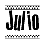 The image is a black and white clipart of the text Julio in a bold, italicized font. The text is bordered by a dotted line on the top and bottom, and there are checkered flags positioned at both ends of the text, usually associated with racing or finishing lines.
