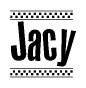 The image is a black and white clipart of the text Jacy in a bold, italicized font. The text is bordered by a dotted line on the top and bottom, and there are checkered flags positioned at both ends of the text, usually associated with racing or finishing lines.
