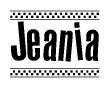 The clipart image displays the text Jeania in a bold, stylized font. It is enclosed in a rectangular border with a checkerboard pattern running below and above the text, similar to a finish line in racing. 