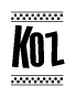 The image is a black and white clipart of the text Koz in a bold, italicized font. The text is bordered by a dotted line on the top and bottom, and there are checkered flags positioned at both ends of the text, usually associated with racing or finishing lines.