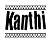 The image contains the text Kanthi in a bold, stylized font, with a checkered flag pattern bordering the top and bottom of the text.