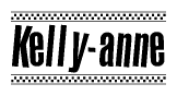 The image is a black and white clipart of the text Kelly-anne in a bold, italicized font. The text is bordered by a dotted line on the top and bottom, and there are checkered flags positioned at both ends of the text, usually associated with racing or finishing lines.