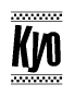 The clipart image displays the text Kyo in a bold, stylized font. It is enclosed in a rectangular border with a checkerboard pattern running below and above the text, similar to a finish line in racing. 