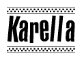 The image is a black and white clipart of the text Karella in a bold, italicized font. The text is bordered by a dotted line on the top and bottom, and there are checkered flags positioned at both ends of the text, usually associated with racing or finishing lines.