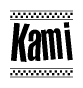The image contains the text Kami in a bold, stylized font, with a checkered flag pattern bordering the top and bottom of the text.