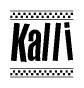 The image contains the text Kalli in a bold, stylized font, with a checkered flag pattern bordering the top and bottom of the text.
