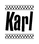 The image contains the text Karl in a bold, stylized font, with a checkered flag pattern bordering the top and bottom of the text.