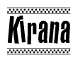 The image is a black and white clipart of the text Kirana in a bold, italicized font. The text is bordered by a dotted line on the top and bottom, and there are checkered flags positioned at both ends of the text, usually associated with racing or finishing lines.