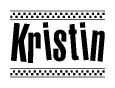 The image is a black and white clipart of the text Kristin in a bold, italicized font. The text is bordered by a dotted line on the top and bottom, and there are checkered flags positioned at both ends of the text, usually associated with racing or finishing lines.