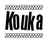 The image contains the text Kouka in a bold, stylized font, with a checkered flag pattern bordering the top and bottom of the text.