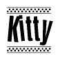 The image is a black and white clipart of the text Kitty in a bold, italicized font. The text is bordered by a dotted line on the top and bottom, and there are checkered flags positioned at both ends of the text, usually associated with racing or finishing lines.