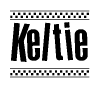 The image is a black and white clipart of the text Keltie in a bold, italicized font. The text is bordered by a dotted line on the top and bottom, and there are checkered flags positioned at both ends of the text, usually associated with racing or finishing lines.