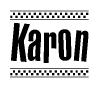 The image is a black and white clipart of the text Karon in a bold, italicized font. The text is bordered by a dotted line on the top and bottom, and there are checkered flags positioned at both ends of the text, usually associated with racing or finishing lines.