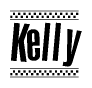 The image is a black and white clipart of the text Kelly in a bold, italicized font. The text is bordered by a dotted line on the top and bottom, and there are checkered flags positioned at both ends of the text, usually associated with racing or finishing lines.