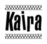 The clipart image displays the text Kaira in a bold, stylized font. It is enclosed in a rectangular border with a checkerboard pattern running below and above the text, similar to a finish line in racing. 