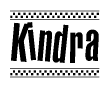 The clipart image displays the text Kindra in a bold, stylized font. It is enclosed in a rectangular border with a checkerboard pattern running below and above the text, similar to a finish line in racing. 