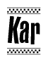 The image contains the text Kar in a bold, stylized font, with a checkered flag pattern bordering the top and bottom of the text.