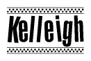 The image is a black and white clipart of the text Kelleigh in a bold, italicized font. The text is bordered by a dotted line on the top and bottom, and there are checkered flags positioned at both ends of the text, usually associated with racing or finishing lines.