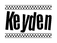 The image is a black and white clipart of the text Keyden in a bold, italicized font. The text is bordered by a dotted line on the top and bottom, and there are checkered flags positioned at both ends of the text, usually associated with racing or finishing lines.