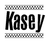 The clipart image displays the text Kasey in a bold, stylized font. It is enclosed in a rectangular border with a checkerboard pattern running below and above the text, similar to a finish line in racing. 