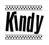 The image contains the text Kindy in a bold, stylized font, with a checkered flag pattern bordering the top and bottom of the text.