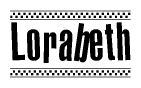 The image contains the text Lorabeth in a bold, stylized font, with a checkered flag pattern bordering the top and bottom of the text.