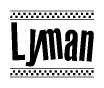 The image contains the text Lyman in a bold, stylized font, with a checkered flag pattern bordering the top and bottom of the text.