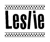 The image is a black and white clipart of the text Leslie in a bold, italicized font. The text is bordered by a dotted line on the top and bottom, and there are checkered flags positioned at both ends of the text, usually associated with racing or finishing lines.