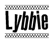 The image is a black and white clipart of the text Lybbie in a bold, italicized font. The text is bordered by a dotted line on the top and bottom, and there are checkered flags positioned at both ends of the text, usually associated with racing or finishing lines.