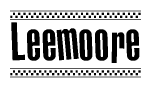 The image is a black and white clipart of the text Leemoore in a bold, italicized font. The text is bordered by a dotted line on the top and bottom, and there are checkered flags positioned at both ends of the text, usually associated with racing or finishing lines.