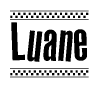 The image is a black and white clipart of the text Luane in a bold, italicized font. The text is bordered by a dotted line on the top and bottom, and there are checkered flags positioned at both ends of the text, usually associated with racing or finishing lines.