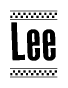 The image contains the text Lee in a bold, stylized font, with a checkered flag pattern bordering the top and bottom of the text.