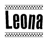 The image is a black and white clipart of the text Leona in a bold, italicized font. The text is bordered by a dotted line on the top and bottom, and there are checkered flags positioned at both ends of the text, usually associated with racing or finishing lines.