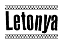 The clipart image displays the text Letonya in a bold, stylized font. It is enclosed in a rectangular border with a checkerboard pattern running below and above the text, similar to a finish line in racing. 
