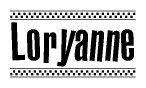 The image contains the text Loryanne in a bold, stylized font, with a checkered flag pattern bordering the top and bottom of the text.