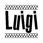 The image is a black and white clipart of the text Luigi in a bold, italicized font. The text is bordered by a dotted line on the top and bottom, and there are checkered flags positioned at both ends of the text, usually associated with racing or finishing lines.