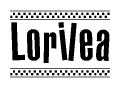 The image is a black and white clipart of the text Lorilea in a bold, italicized font. The text is bordered by a dotted line on the top and bottom, and there are checkered flags positioned at both ends of the text, usually associated with racing or finishing lines.