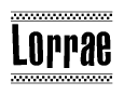 The image contains the text Lorrae in a bold, stylized font, with a checkered flag pattern bordering the top and bottom of the text.