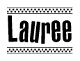 The image contains the text Lauree in a bold, stylized font, with a checkered flag pattern bordering the top and bottom of the text.