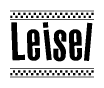 The image is a black and white clipart of the text Leisel in a bold, italicized font. The text is bordered by a dotted line on the top and bottom, and there are checkered flags positioned at both ends of the text, usually associated with racing or finishing lines.