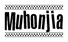 The image contains the text Muhonjia in a bold, stylized font, with a checkered flag pattern bordering the top and bottom of the text.