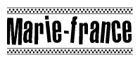 The image is a black and white clipart of the text Marie-france in a bold, italicized font. The text is bordered by a dotted line on the top and bottom, and there are checkered flags positioned at both ends of the text, usually associated with racing or finishing lines.
