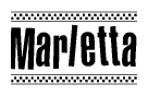 The image is a black and white clipart of the text Marletta in a bold, italicized font. The text is bordered by a dotted line on the top and bottom, and there are checkered flags positioned at both ends of the text, usually associated with racing or finishing lines.