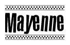 The clipart image displays the text Mayenne in a bold, stylized font. It is enclosed in a rectangular border with a checkerboard pattern running below and above the text, similar to a finish line in racing. 